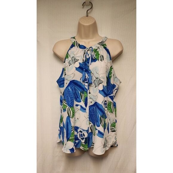 C & E Multicolor Blue Halter Neck Tie Tunic Blouse Top Size Large - Picture 2 of 7